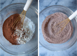 Left image is a whisk in a bowl with dry ingredients for chocolate muffins. Right image is the dry ingredients whisked together.
