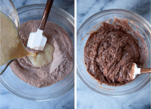 Left image is the wet ingredients being poured into the dry ingredients. Right image is a spatula folding the two ingredients together.