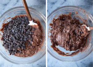 Left image is chocolate chips being added to the muffin batter. Right image is a spatula folding in the chips.