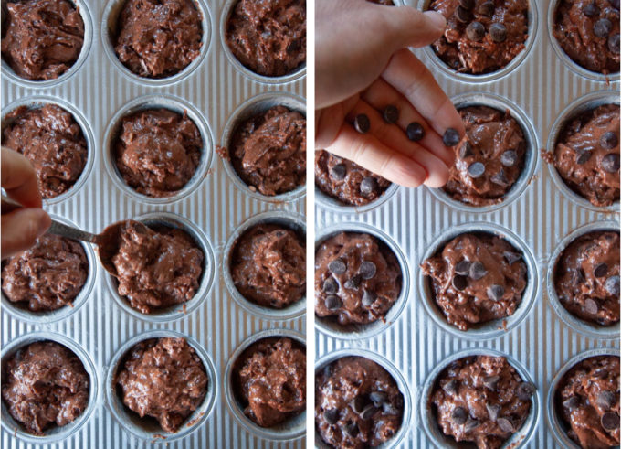 Left image is a spoon adding batter to a muffin tin. Right image is a hand adding chocolate chips to the top of the muffin batter.