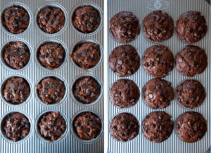 Left image is the muffin pan filled with batter. Right image is baked muffins in the muffin pan.