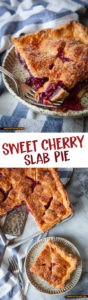 Top image is a slice of cherry slab pie with a fork taking a piece out. Bottom image is a slice of cherry slab pie on a plate, with the rest of the pie next to it.