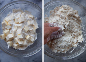 Left image is a glass bowl with flour, salt and cubed butter in it. Right image is a hand smashing the butter into small flakes.