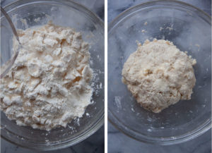 Left image is water being poured into the bowl. Right image is the pie dough formed.