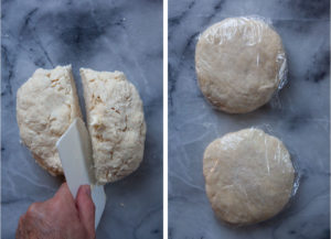 Left image is the dough being divided into two parts. Right image is the half dough formed into two disks, each wrapped in plastic wrap.