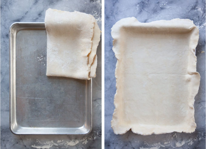 Left image is the dough folded into quarters and placed on the pan. Right image is the dough unfolded and fitted in the pan.