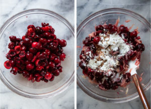 Left image is cherries pitted and halved in a bowl. Right image is sugar, cornstarch, grated egg, balsamic vinegar, vanilla added to the bowl with the cherries.