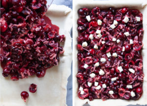 Left image is the cherry filling being poured into the dough crust. Right image is the cherry filling evenly distributed in the pie crust with butter cubes dotted over the filling.