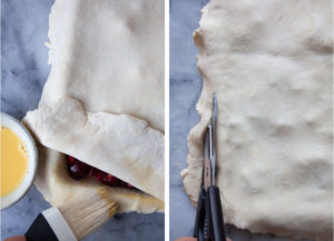 Left image is the egg wash being used to "glue" the top and bottom crust together. Right image is a pair of scissors trimming off excess dough.