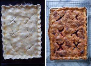 Left image is the pie crust with the egg wash brushed over it, steam vents cut into it, and turbinado sugar sprinkled on top. Right image is the pie baked and cooling on a rack.