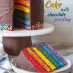 A chocolate frosted rainbow layer cake on a cake stand, with a slice of cake on a plate in front.