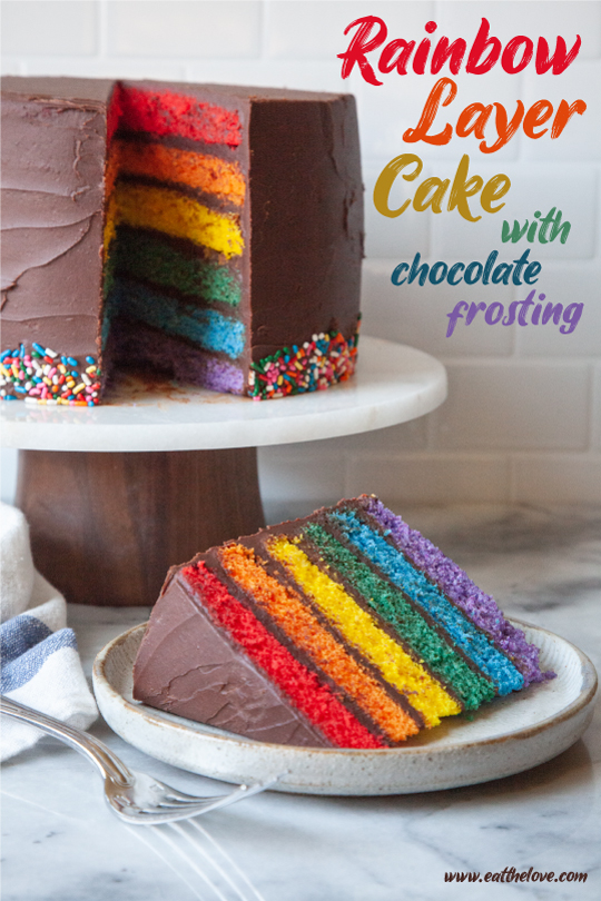 A chocolate frosted rainbow layer cake on a cake stand, with a slice of cake on a plate in front.