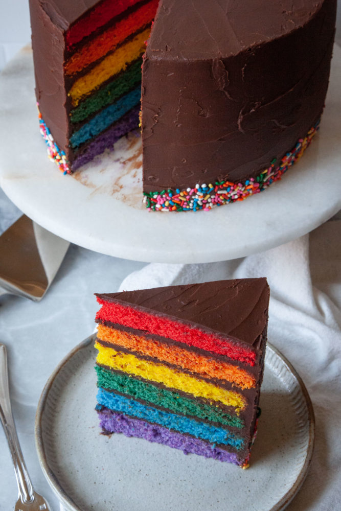 A chocolate frosted rainbow layer cake on a cake stand, with a slice of cake on a plate in front.