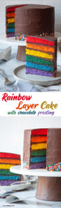 Top photo is a slice of rainbow cake with chocolate frosting in front of the rest of the cake on a cake stand. Bottom photo is the rainbow layer cake on a cake stand in front, with a cake slice behind it.