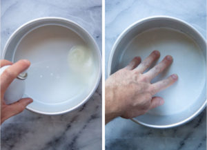 Left image is cooking oil being sprayed into an 8-inch round pan. Right image is a hand placing a parchment round on the bottom of the pan.