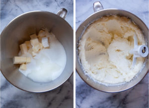Left image is a mixing bowl with butter, sugar, imitation clear vanilla in it. Right image is the ingredients creamed together.