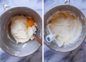 Left image is an egg added to the cake batter. Right image is the cake batter with all the eggs and egg whites added.