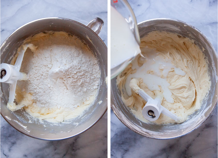 Left image is flour added to the cake batter. Right image is buttermilk being poured into the cake batter.