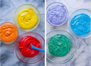 Left image is a bowl of red, yellow, and orange cake batter in different bowls. Right image is green, blue, purple cake batter in different bowls.