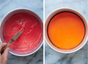 Left image is red cake batter being spread inside a cake pan. Right image is an orange cake layer baked, with the edges pulling away slightly from the pan.
