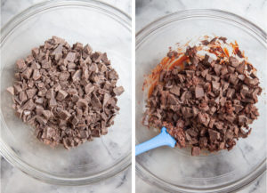 Left image is chopped chocolate in a bowl. Right image is the chocolate warmed up by a microwave, but melted yet.
