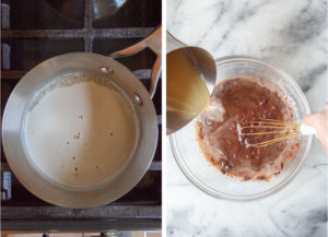 Left image is cream, sugar and vanilla being warmed up in a pan on the stove. Right image is the hot cream being poured into the chocolate.