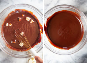 Left image is butter in the warm chocolate being whisked in and melting. Right image is the frosting with all the butter incorporated.