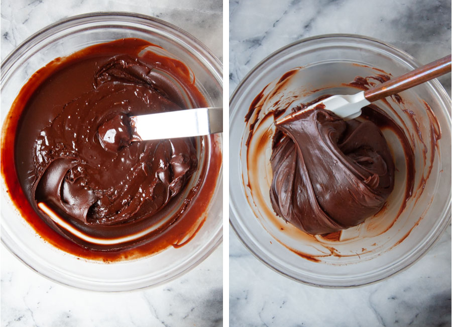 Left image is the chocolate frosting being stirred after being chilled for 45 minutes. Right image is the frosting after it's chilled and is ready to be used.