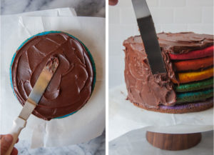 Left image is a layer of cake being frosted. Right image is all the rainbow cake layers assembled and an offset spatula frosting the sides of the cake.