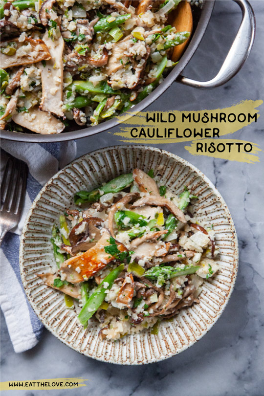 Cauliflower risotto with wild mushrooms in a bowl, with a pan filled with more cauliflower risotto.