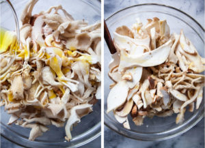 Left image oil being drizzled on sliced mixed mushrooms in a glass bowl. Right image is the mushrooms tossed with oil, pepper and salt in a glass bowl.