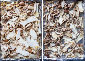 Left image is raw mushrooms in a baking pan. Right image is raw mushroom after being roasted for 15 minutes.