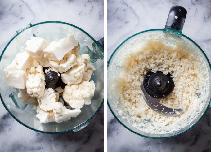 Left image is cauliflower florets in the bowl of a food processor. Right image is a food processor with cauliflower rice in it after it has been processed.