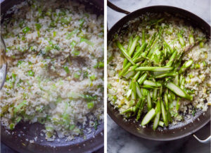 Left image is mushroom broth being added to the cauliflower rice. Right image is asparagus added to the cauliflower rice.