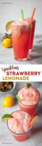 Top Image is two glasses of sparkling strawberry lemonade with a lemon and a bowl of strawberries behind them. Bottom image is a top down view of two glasses of sparkling strawberry lemonade with a lemon and a bowl of strawberries next to them.