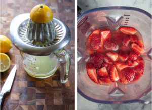 Left image is lemon being juiced. Right image is a chopped strawberries in a blender with lemon juice and sugar.