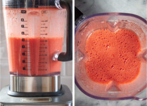 Left image is a blender with the strawberries, lemon juice and sugar blended together. Right image is a top down view of the blended syrup in a blender.