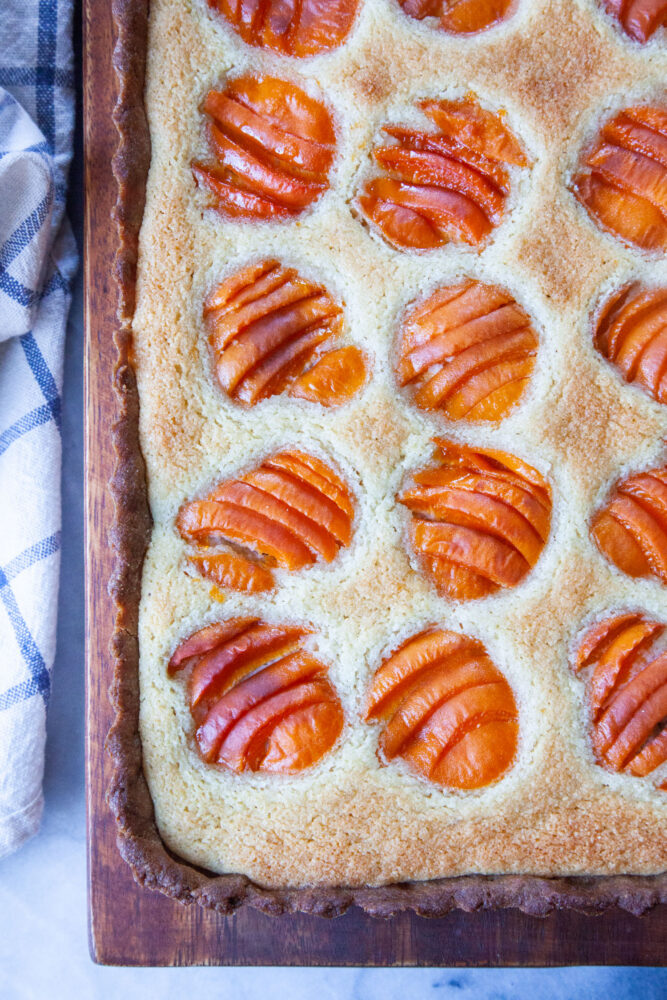 An apricot frangipane tart with rye crust on a wire cooling rack.