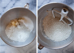 Left image is sugar, butter, rye flour, salt in a mixing bowl. Right image is ingredients mixed together until it looks pebbly and crumbly.