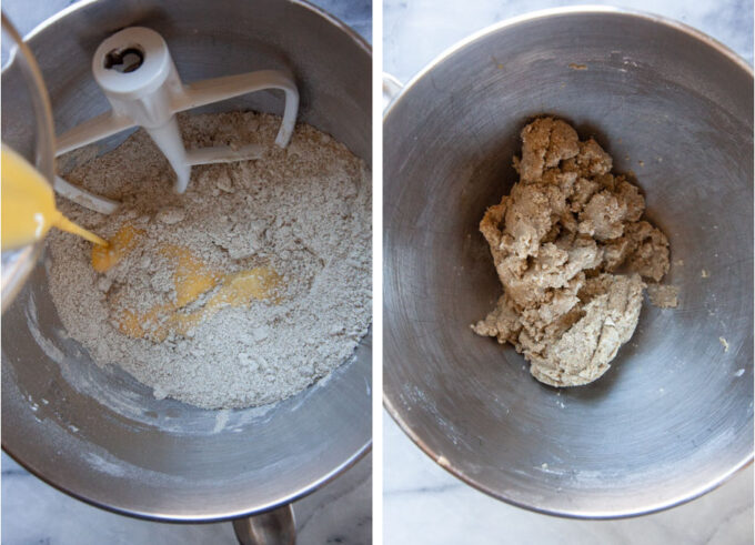Left image is egg liquid being drizzled into dry crust ingredients. Right image is ingredients mixed to form a dough crust.