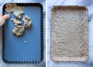 Left image is dough crust being pressed into a tart pan. Right image is the dough crust pressed into the bottom and sides of the pan.