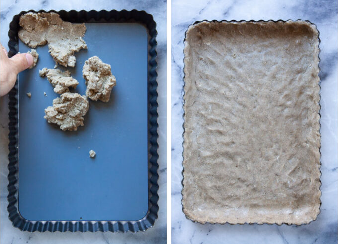 Left image is dough crust being pressed into a tart pan. Right image is the dough crust pressed into the bottom and sides of the pan.