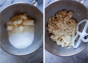 Left image is almond flour, sugar, butter and salt in the bowl of mixer. Right image is the ingredients mixed together until butter is blended in.