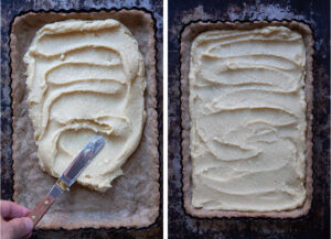 Left image is the frangipane paste being spread in the tart crust. Right image is the tart with the frangipane spread all over the bottom of it.