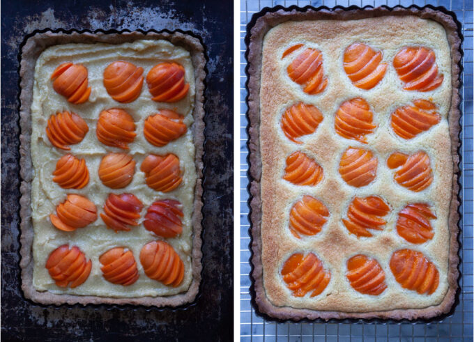 Left image is apricots placed on the unbaked frangipane paste in the tart. Right image is the apricot tart baked on a cooling rack.