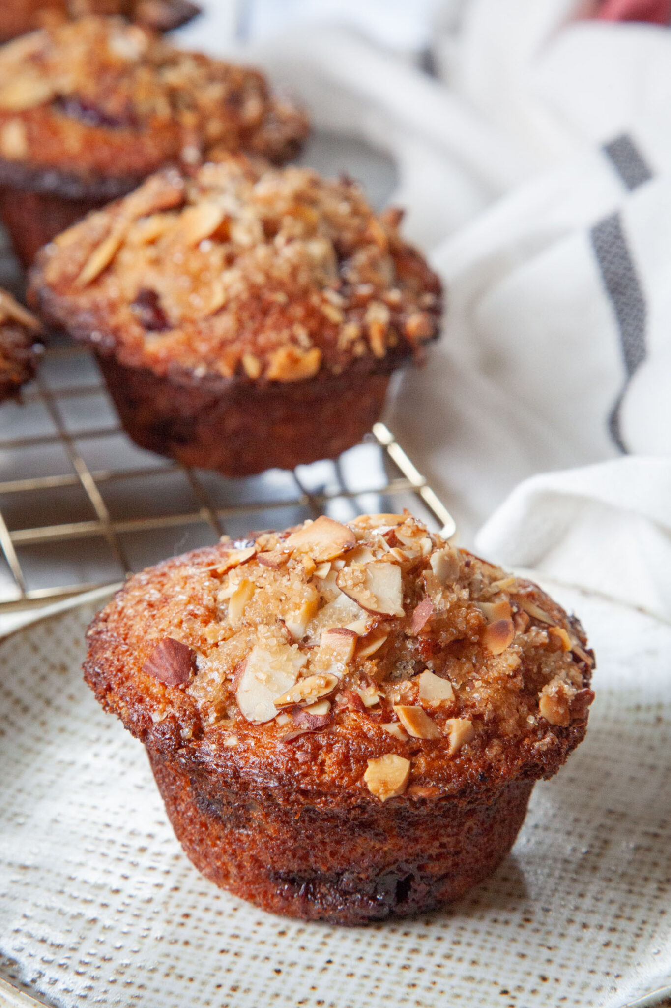 A cherry almond muffin on a plate with more muffins on a cooling rack behind it.