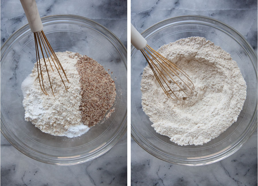 Left image is dry ingredients for muffin in a bowl with a whisk. Right image is dry ingredients whisked together until blended.