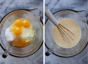 Left image is wet ingredients in a bowl. Right image is all the wet ingredient whisked together.