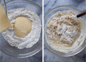 Left image is wet ingredients being poured into dry ingredients. Right image is spatula folding muffin ingredients together.