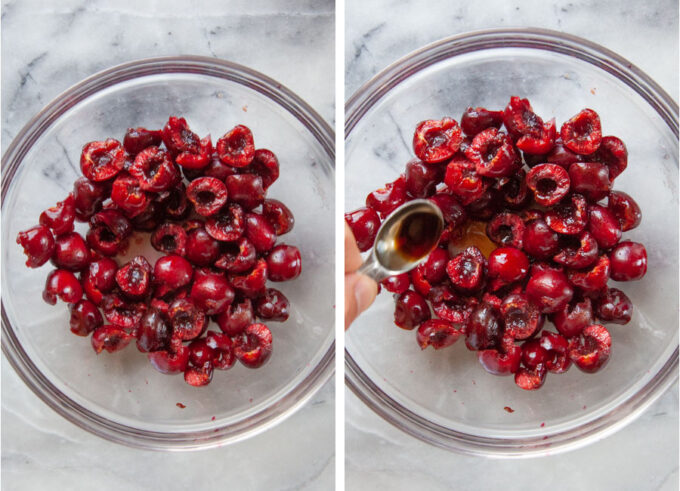 Left image is pitted cherry halves in a bowl. Right image is balsamic vinegar being sprinkled over cherry halves.